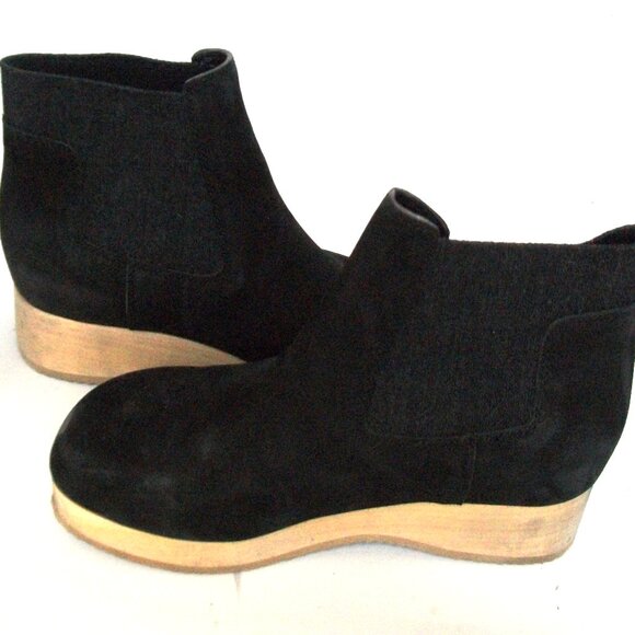 Eileen Fisher Black Suede Wood-Bottom Rubber Sole Chelsea Clog-Boots 9.5M $285 - Picture 2 of 8